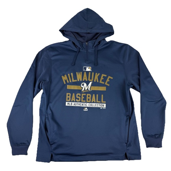 Milwaukee Brewers Majestic Hoodie Sweatshirt Navy Blue MLB Size Large - Picture 1 of 7
